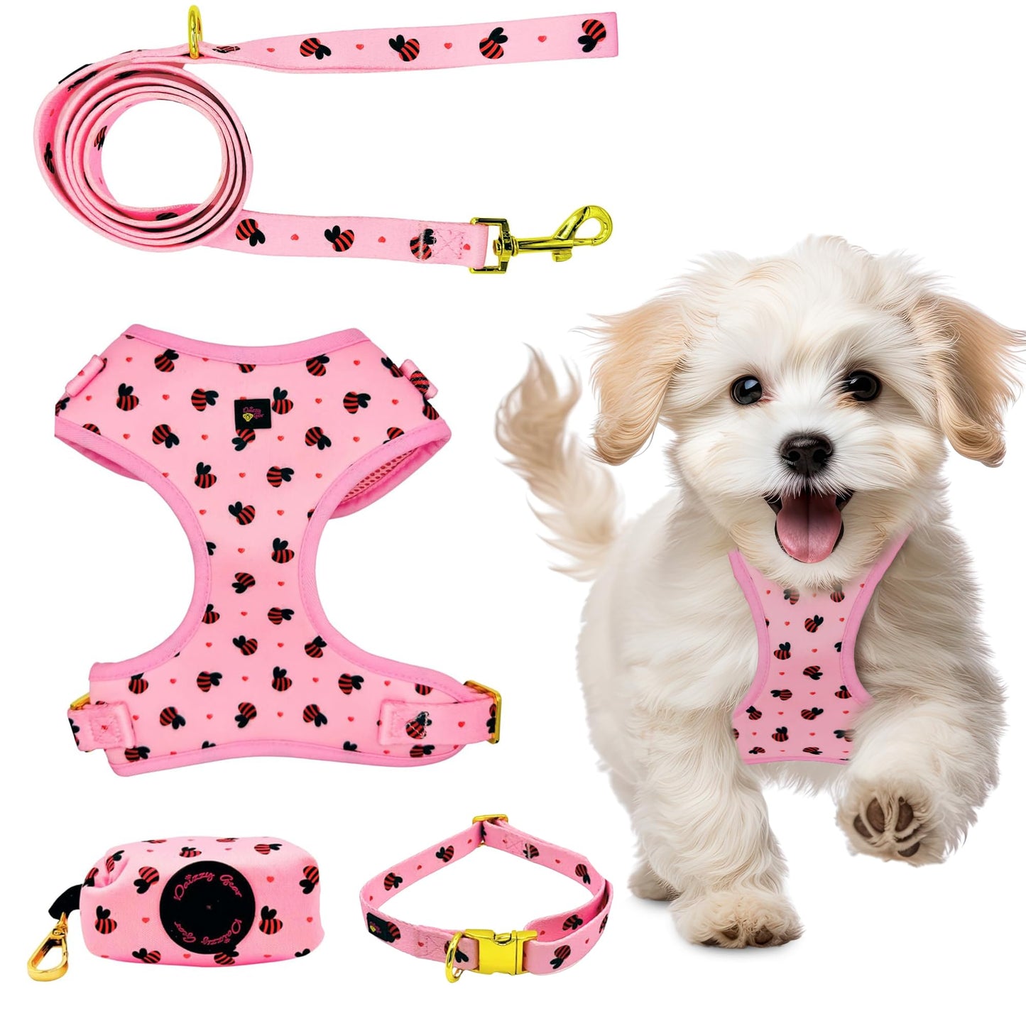 Daizzy Gear Dog Harness Set No-Pull Step-in Soft & Adjustable Matching CollarHarness and Leash Set with Premium Accessories & Poop Bag Holder. (Small 5.5-14.5 Lbs Pink)