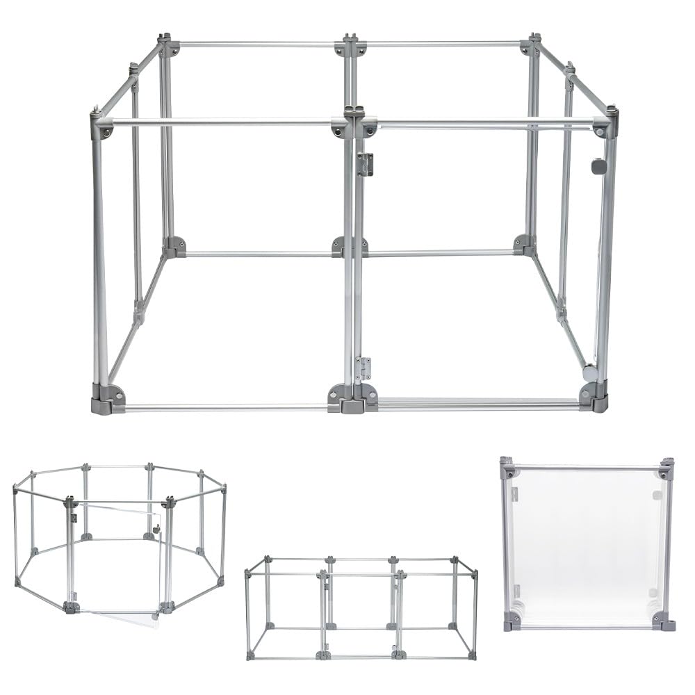 Front Row Foldable Dog Playpen Pen Durable Indoor Outdoor Portable Crate Kennel Safe Accessories for Puppy Cat Bunny Pet for Play/Rest Clear Transparent Panels and Aluminum Rods (Silver 8-Panel)
