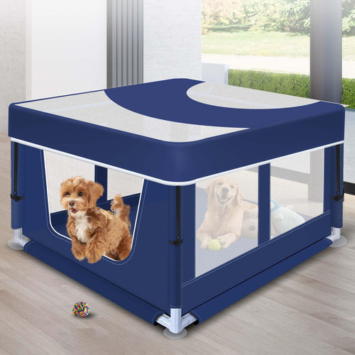 Dog Playpen with Cover 42x42x25.6 Inches Foldable Portable Soft Puppy Playpen with Gate Thickened Fabric Mesh Dog Fence with High-Strength Nylon Wire Mesh Indoor Outdoor Breathable Exercise Cage