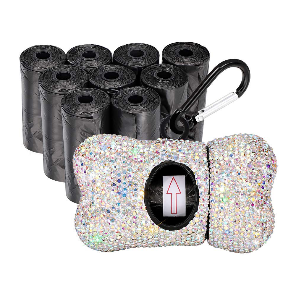 SAVORI Dog Poop Bag Holder Bling Rhinestone Poop Bag Leash Dispenser for Pet Dog Doggy Waste Bags with Metal Carabiner Clip Includes 10 Roll 150 Bags (AB)