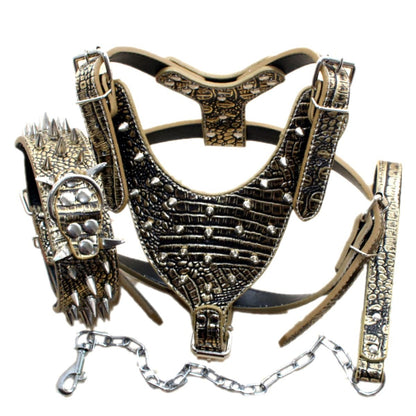 Bbmmayy Leather Spiked Dog Harness and Collar Set - Suitable for Large Breeds Bull Terriers Dobermans - Durable Leather Harness with Metal Studs and Matching Collar Leash (M Spikes Gold Brown)