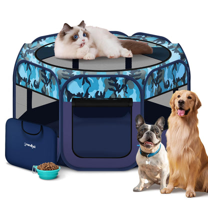 Dog Playpen Pet Playpen Portable Cat Playpen Pop Up Foldable Puppy Playpen Exercise Kennel Tent with Carry Case Collapsible BowlWater-Resistant Shade Cover for Indoor Outdoor Travel (Extra Large)
