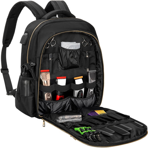 TORIBIO Barber Supplies Bag for Clippers and Supplies Hairstylist Clipper Portable Backpack for Barber Tools (Black + Gold)