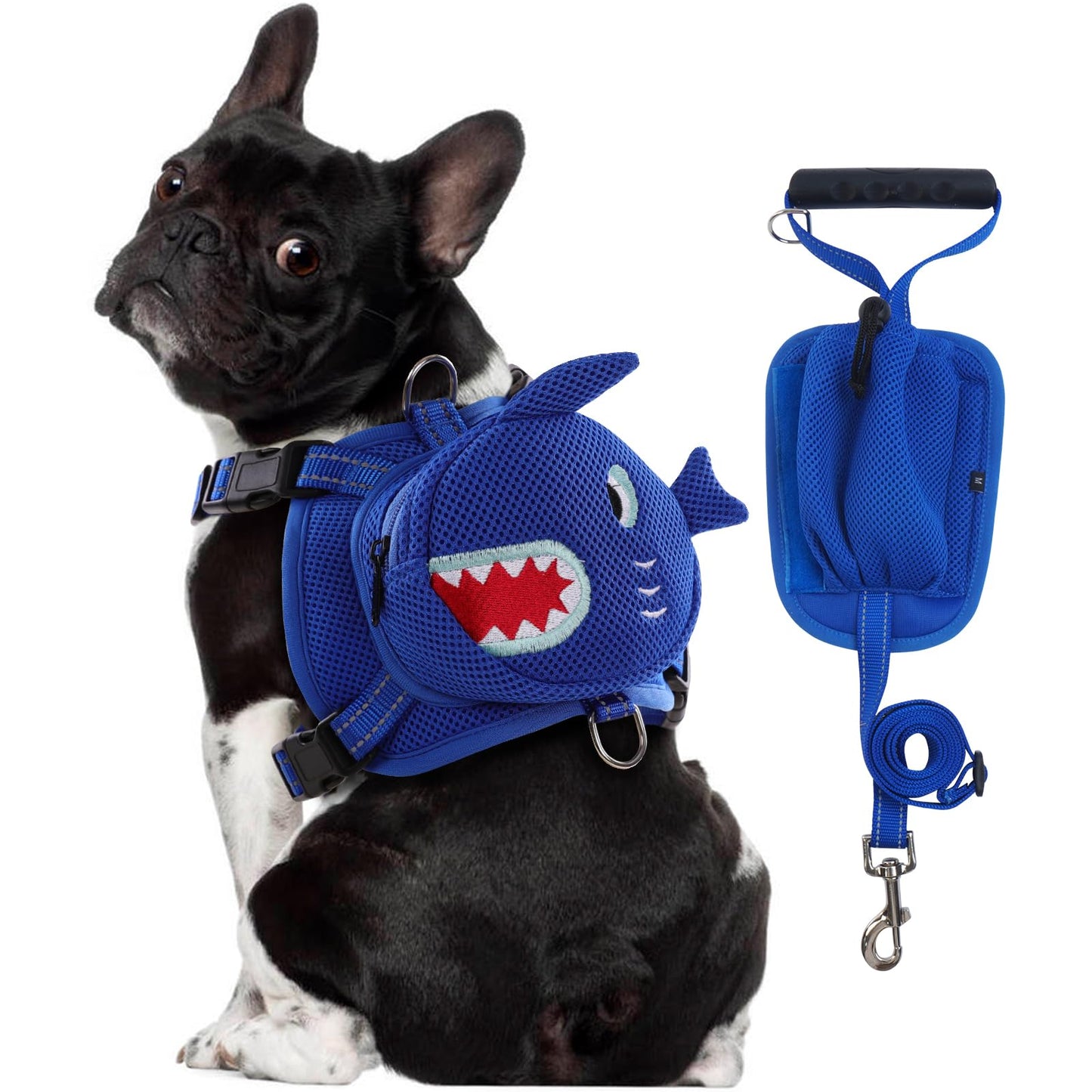 OUOBOB Dog Backpack Harness Cute Dog Harness with Leash Dog Harness with Backpack No Pull Dog Saddle Bag Puppy Vest Mesh Shark Self Bag with D-Ring Dog Hiking Backpack for Small Medium Dogs M