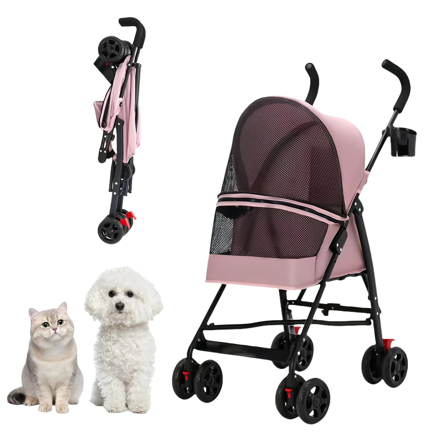 Pet Stroller for Small DogsCYUmail 4 Wheels Foldable Dog StrollerPet Stroller for Small Dogs and Cats w/Cup HolderBreathable Visible MeshPink