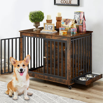 Rovibek Large Dog Crate Dog Crate Furniture for Large Dog 38.58 Inch Large Dog Kennel Indoor with 2 Removable Dog Bowls Flip-Up Top Opening and Wheels Medium Dog Crate Rustic Brown