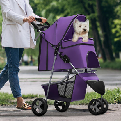 Pet Stroller for Small Dogs 10 lbs Dog Stroller for Medium Dogs 30 lbs Cat Strollers for 2 Cats 3 Wheels Foldable Jogger Puppy Stroller with Storage Basket and Cup Holder Purple