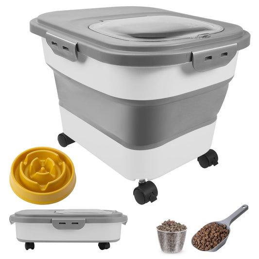 20lbs Dog Food Storage Container Cat Food Storage Container Collapsible Pet Food Storage Containers with Casters & Scoop Airtight Dog Food Container Keep Dry Food Fresh(Grey)