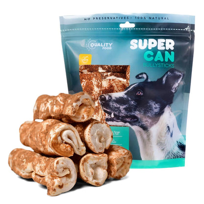 SUPER CAN BULLYSTICKS Supercan Bully Sticks Beef Cheek Rolls for Dogs 10-12 Extra Large (3 Count) | 100% Grass Fed Beef | Rawhide Free Long Lasting Chews | Immune Boosting Dog Bones
