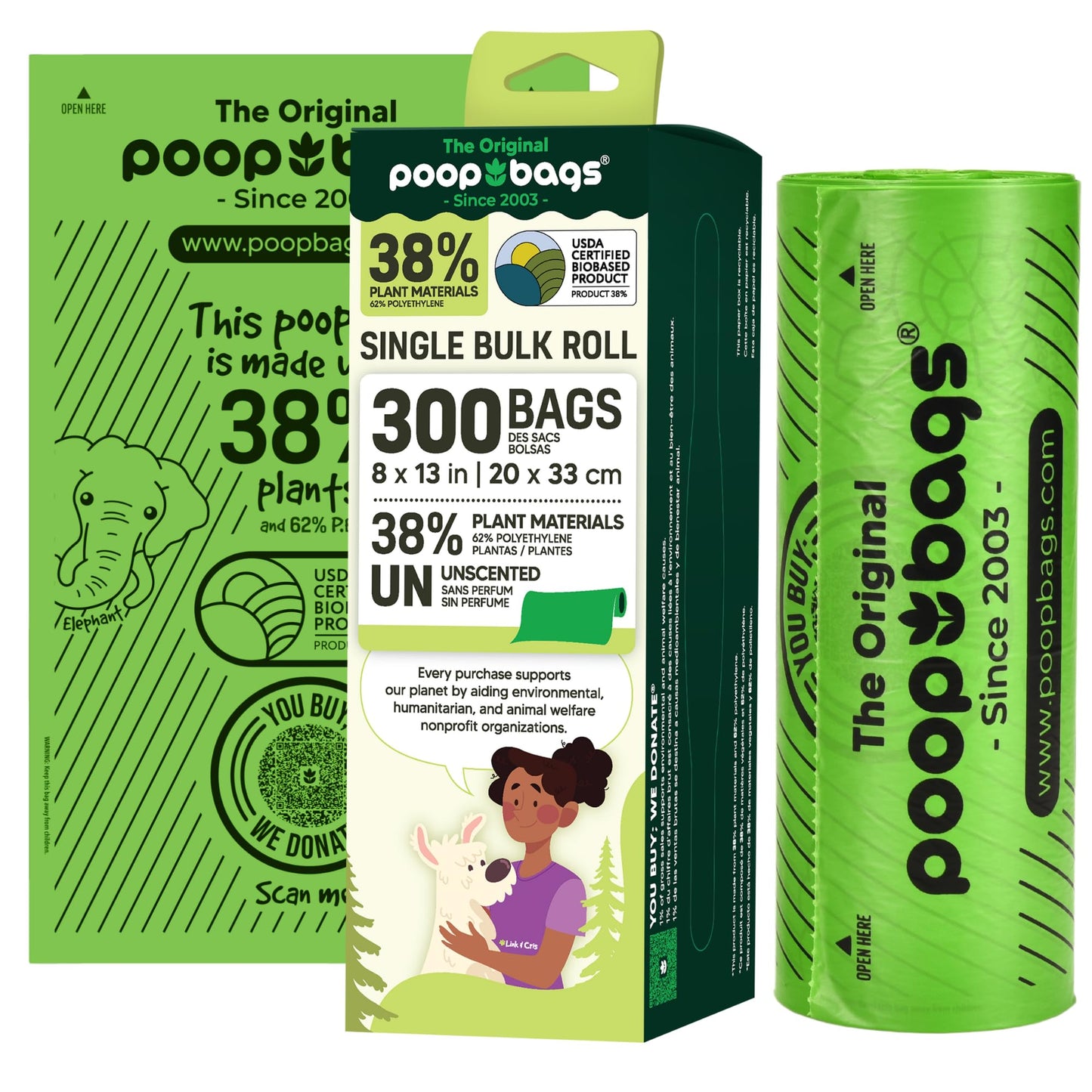 The Original Poop Bags® USDA Certified 38% Plant Based Doggy Poop Bags Refills Single Bulk Roll Poop Bags for Dogs Unscented Doggie Poop Bags - Leak Proof & Strong Doggy Bags 300 Count