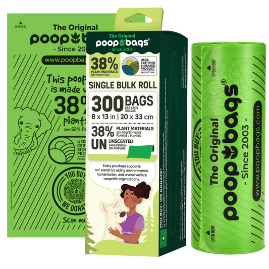 The Original Poop Bags® USDA Certified 38% Plant Based Doggy Poop Bags Refills Single Bulk Roll Poop Bags for Dogs Unscented Doggie Poop Bags - Leak Proof & Strong Doggy Bags 300 Count