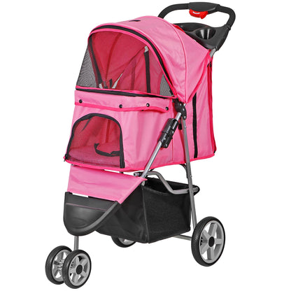 Foldable Pet Stroller for Cats and Dogs 3 Wheels Carrier Strolling Cart with Weather Cover Storage Basket + Cup Holder (Pink)