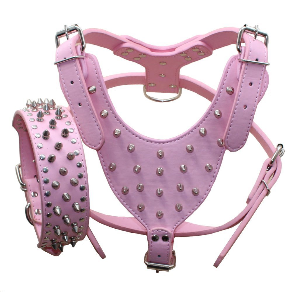 Bbmmayy Dog Harness Large Breed Spikes Studded Leather Dog Harness Vest with Dog Collar Set for Pitbull Mastiff Husky Boxer (Pink XL)