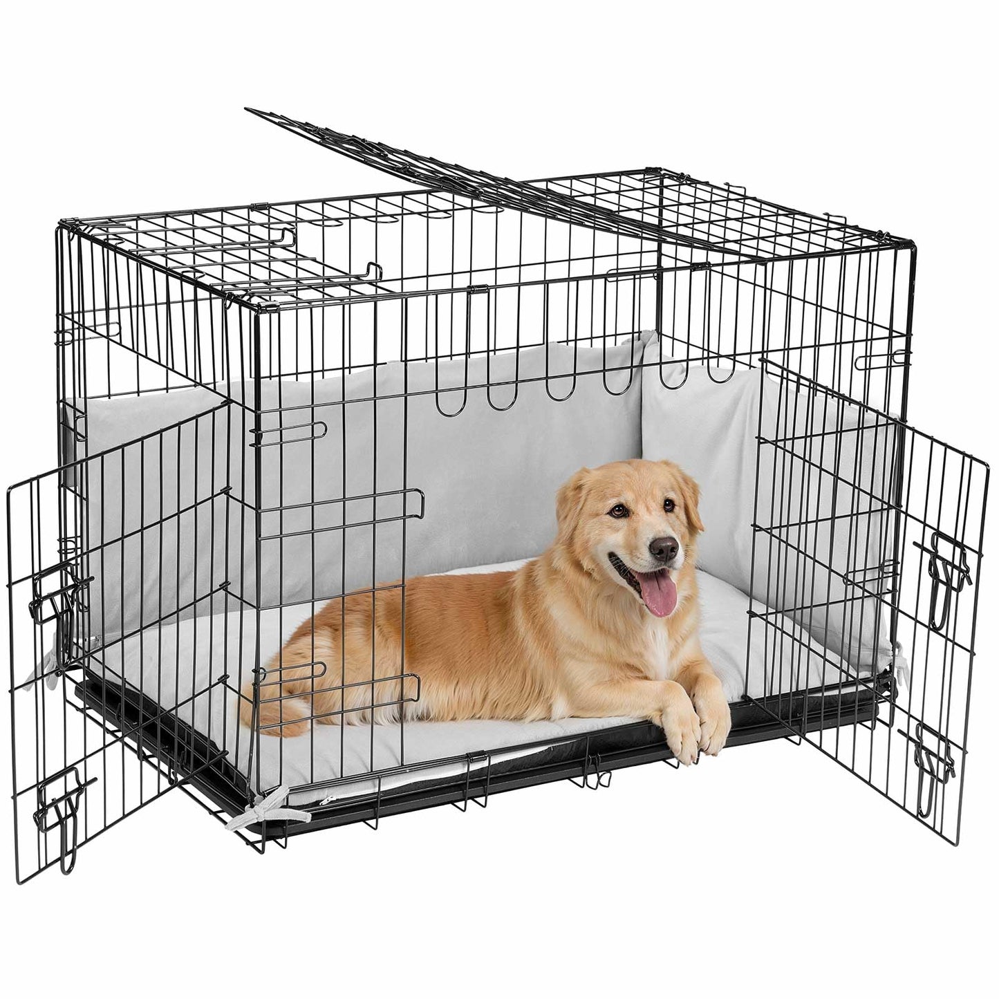 Veehoo 36 inch Dog Crates for Large Dogs with Bumper-Three Doors Folding Metal Wire Dog Crate Cage Kennel Indoor Outdoor Large Dog Crate Kennels with Plastic Leak-Proof Tray-Portable Pet Kennel Kit