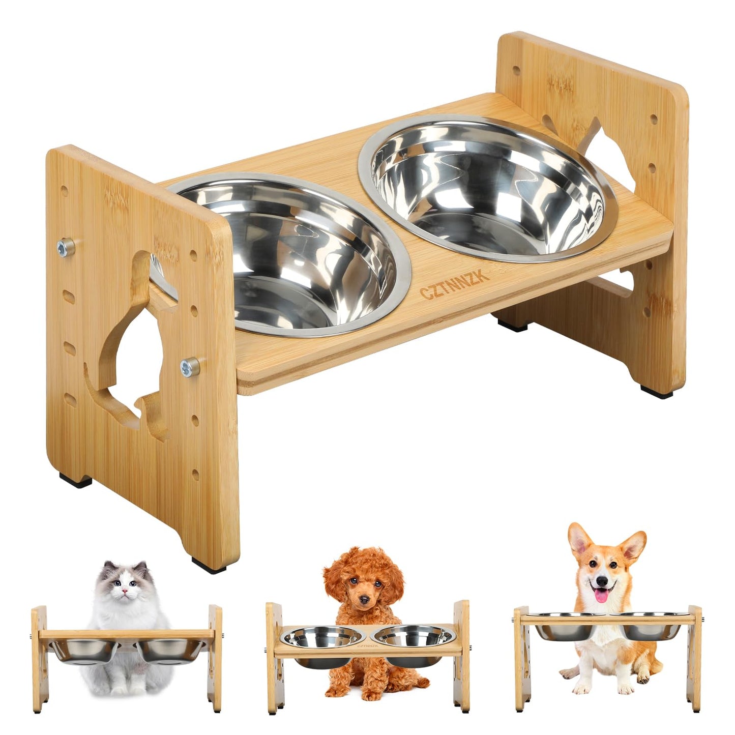 CZTNNZK Elevated Dog Bowls Adjustable Raised Dog Bowls Stand for Small Size Dogs and Cats Durable Bamboo Dog Feeder with 2 Stainless Steel Bowls and Non-Slip Feet