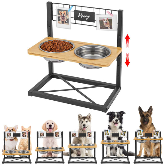 Hongtamoya Bamboo Elevated Dog Bowls 5 Height Adjustable Raised Dog Bowl Stand Dog Feeder with 2 Stainless Steel Dog Food Bowls and Non-Slip Feet for Small Medium Large Dogs and Pets Black