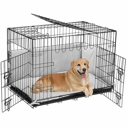 Veehoo 36 inch Dog Crates for Large Dogs with Bumper-Three Doors Folding Metal Wire Dog Crate Cage Kennel Indoor Outdoor Large Dog Crate Kennels with Plastic Leak-Proof Tray-Portable Pet Kennel Kit