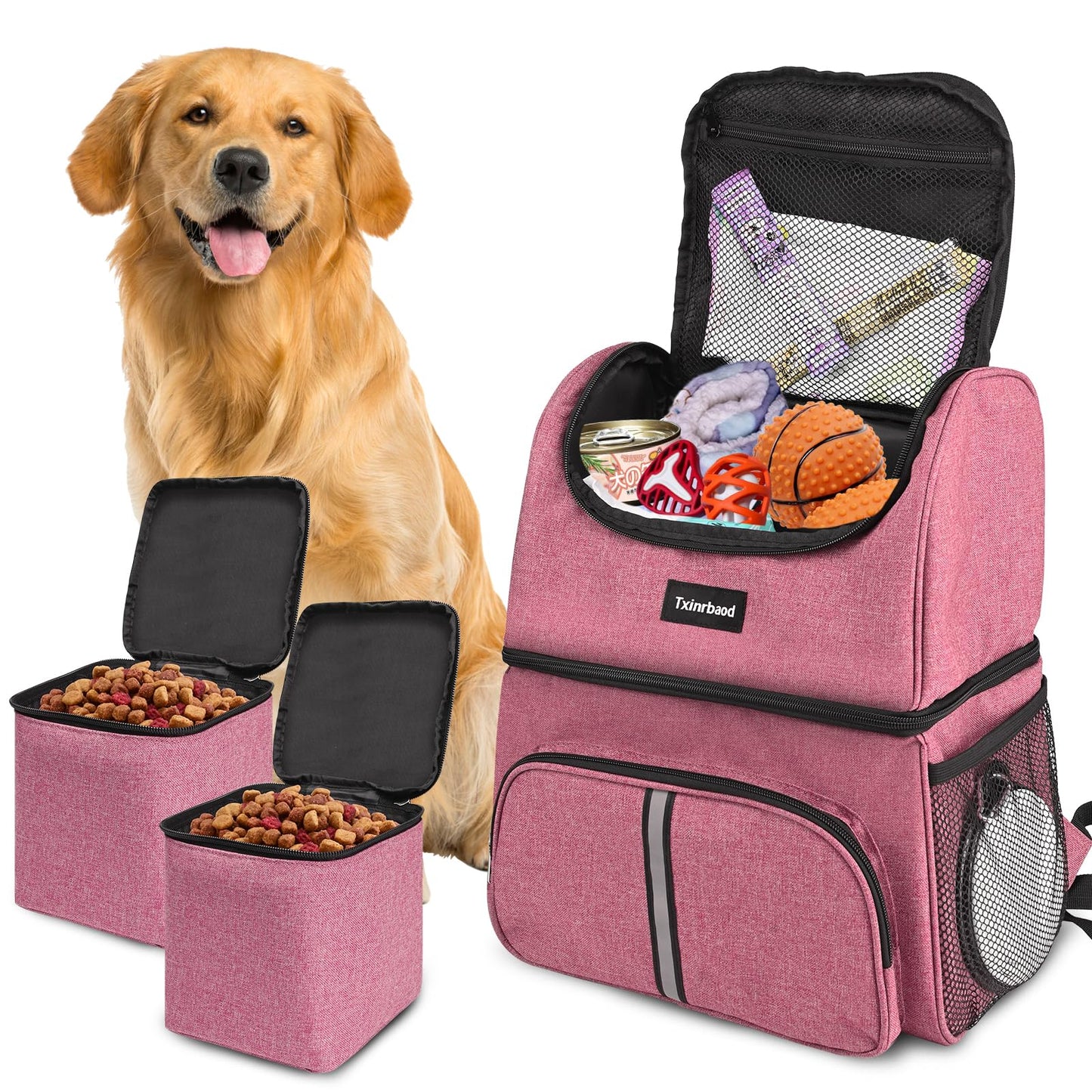 Txinrbaod Dog Travel Bag Dog Backpack For Supplies With Food Container Bag for Hiking Overnight Camping Trip Pink