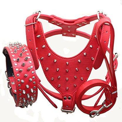 Bbmmayy Leather Spiked Dog Harness and Collar Set Large Breeds Bull Terriers Labradors Dobermans Durable Leather Harness with Metal Studs and Matching Collar Leash 3Pcs Set (Studs Red XL)