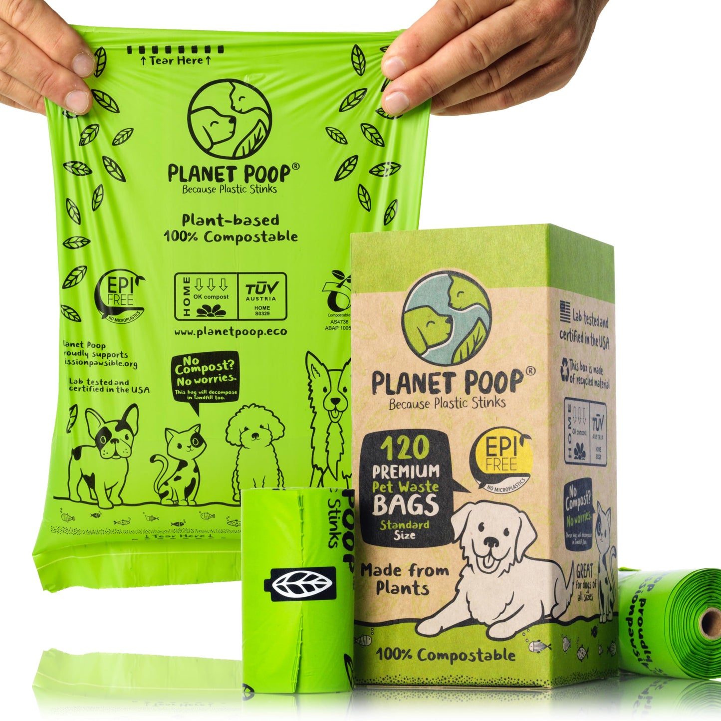 PLANET POOP Home Compostable Dog Poop Bags on Refill Rolls 120 Un-Scented Pet Waste Bags Thick Leakproof Plant-Based Doggy Bag Cat & Dogs Supplies