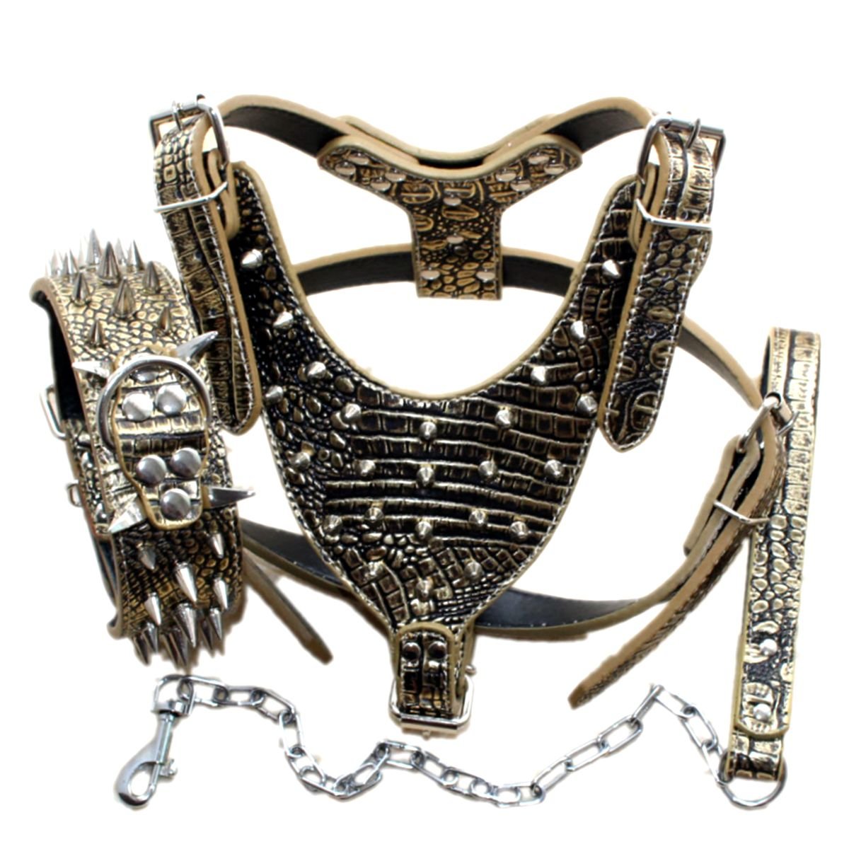 Bbmmayy Leather Spiked Dog Harness and Collar Set - Suitable for Large Breeds Bull Terriers Dobermans - Durable Leather Harness with Metal Studs and Matching Collar Leash (M Spikes Gold Brown)