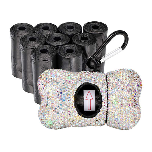 SAVORI Dog Poop Bag Holder Bling Rhinestone Poop Bag Leash Dispenser for Pet Dog Doggy Waste Bags with Metal Carabiner Clip Includes 10 Roll 150 Bags (AB)