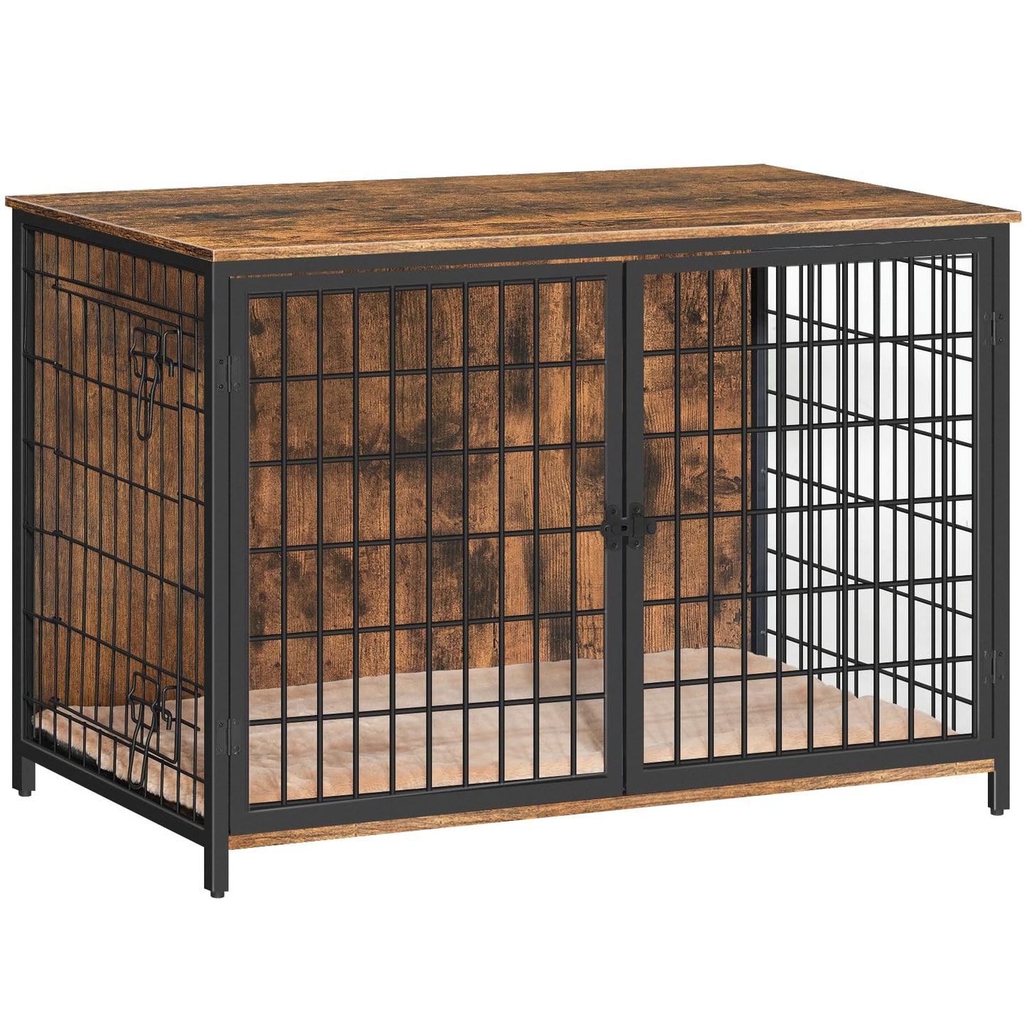 MAHANCRIS Dog Crate Furniture with Cushion Wooden Dog Kennel with Double Doors Heavy Duty Dog Cage for Small/Medium/Large Dogs Indoor Dog House End Table 39.4" L Rustic Brown DCHR10701