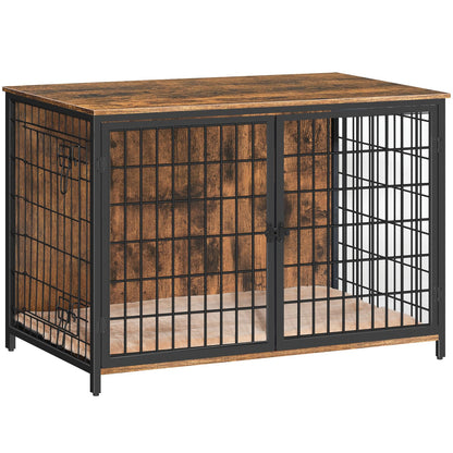 MAHANCRIS Dog Crate Furniture with Cushion Wooden Dog Kennel with Double Doors Heavy Duty Dog Cage for Small/Medium/Large Dogs Indoor Dog House End Table 39.4" L Rustic Brown DCHR10701