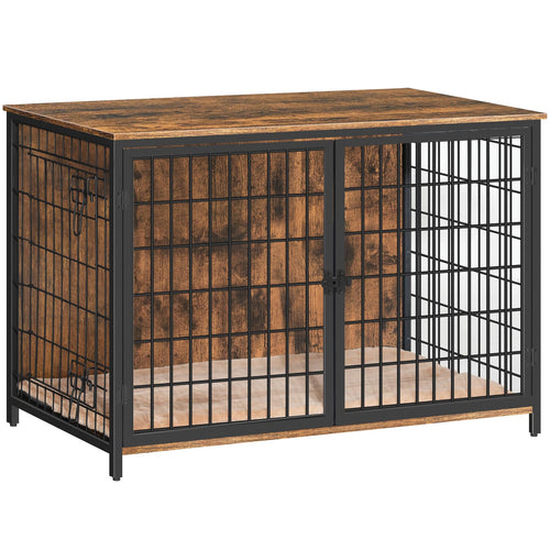 MAHANCRIS Dog Crate Furniture with Cushion Wooden Dog Kennel with Double Doors Heavy Duty Dog Cage for Small/Medium/Large Dogs Indoor Dog House End Table 39.4" L Rustic Brown DCHR10701