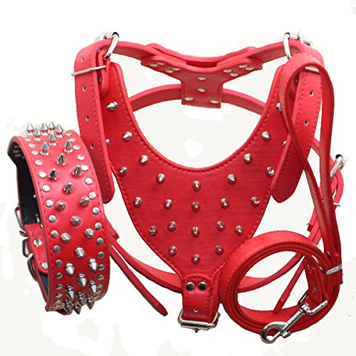 Bbmmayy Leather Spiked Dog Harness and Collar Set Large Breeds Bull Terriers Labradors Dobermans Durable Leather Harness with Metal Studs and Matching Collar Leash 3Pcs Set (Studs Red XL)